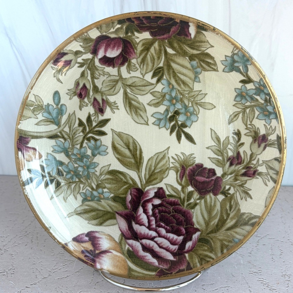 Vintage Signed Floral Decorative Plate Burgundy Roses Gold Rim 8 Inch - Picture 5 of 6